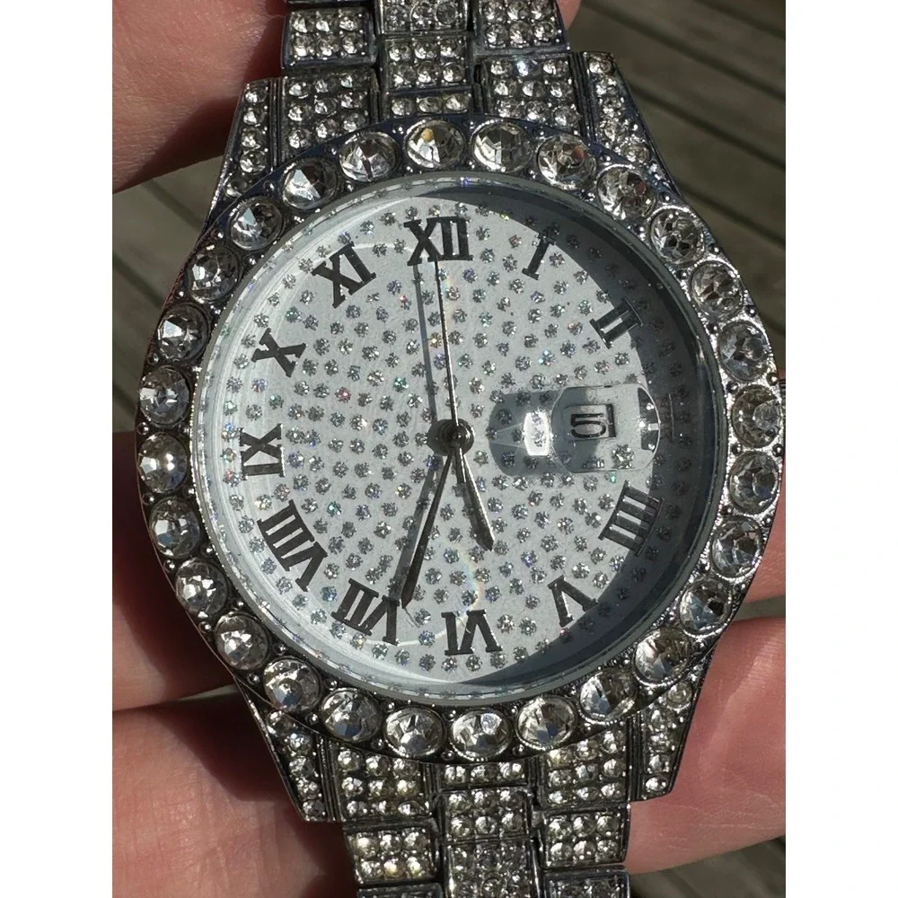 Iced Out Rhinestone Silver Tone Roman Numeral Date Window Fashion Link Watch